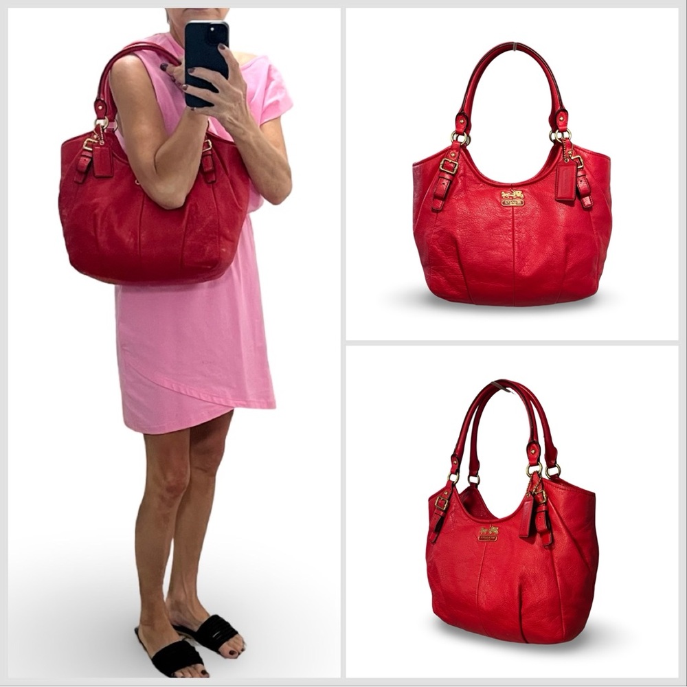 Coach Ashley Leather Shoulder Tote Bag in Brass/True Red - Picture 9 of 9